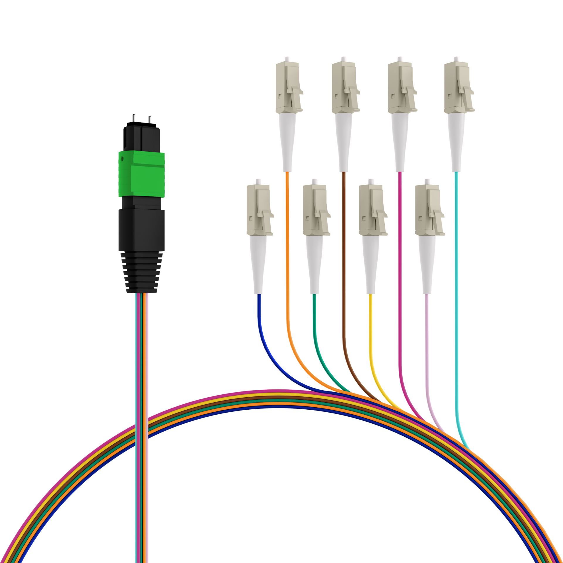 MTP®/APC(M)-LC Fanout cable OS2 8 fibers Typ B LSZH yellow 0,4m