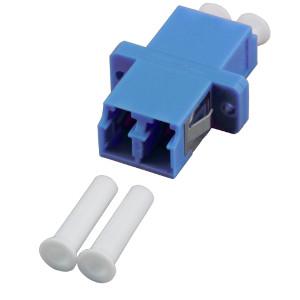  Blue duplex fiber optic coupling with two white protective caps.