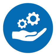Icon of a hand with two cogwheels on a blue background