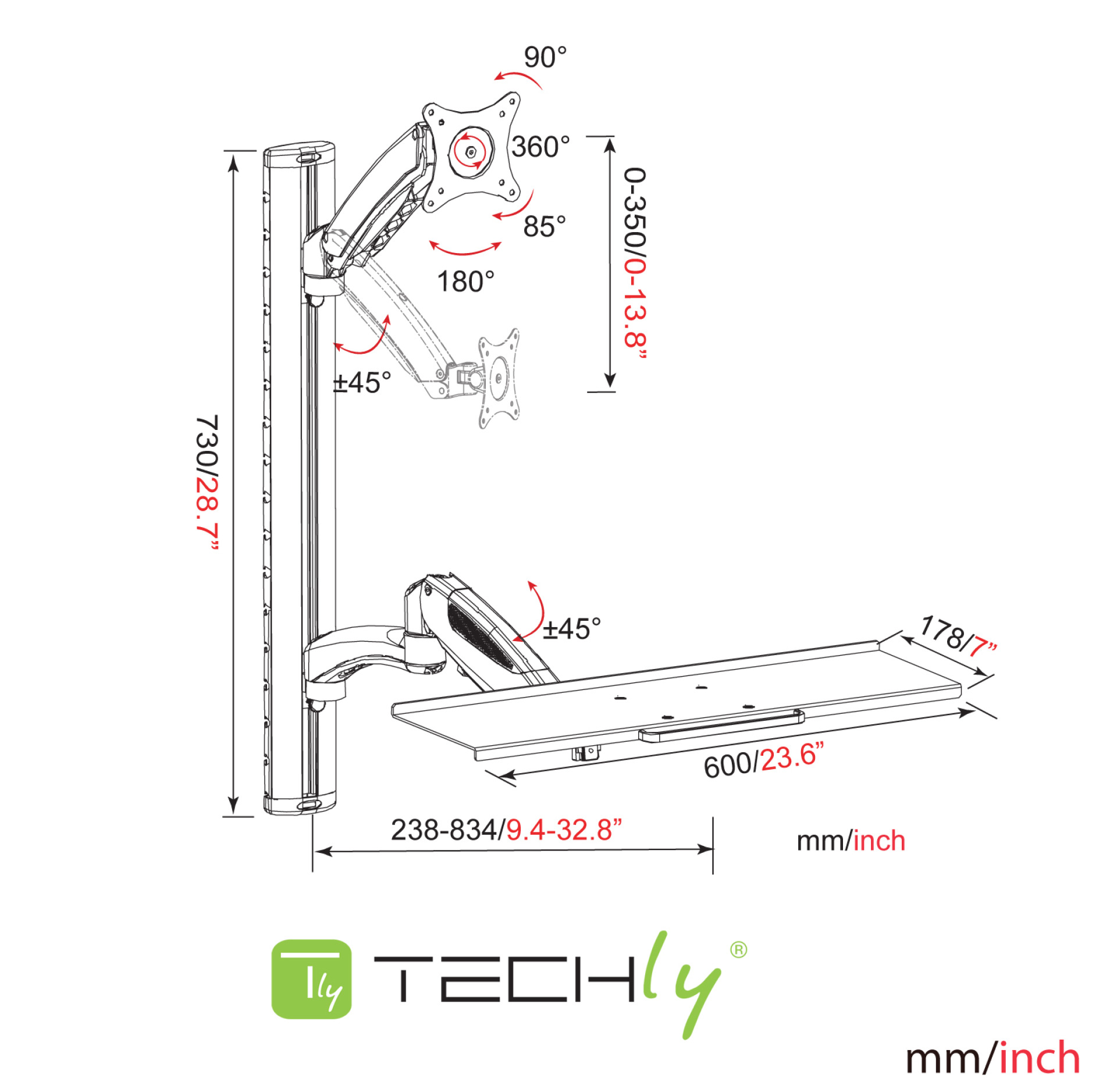 Wall bracket for 1 LCD 15"-27" adjustable shelf and LCD support