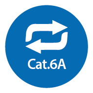 Icon: Zwei Pfeile über Text " Cat.6A" auf blauem Hintergrund