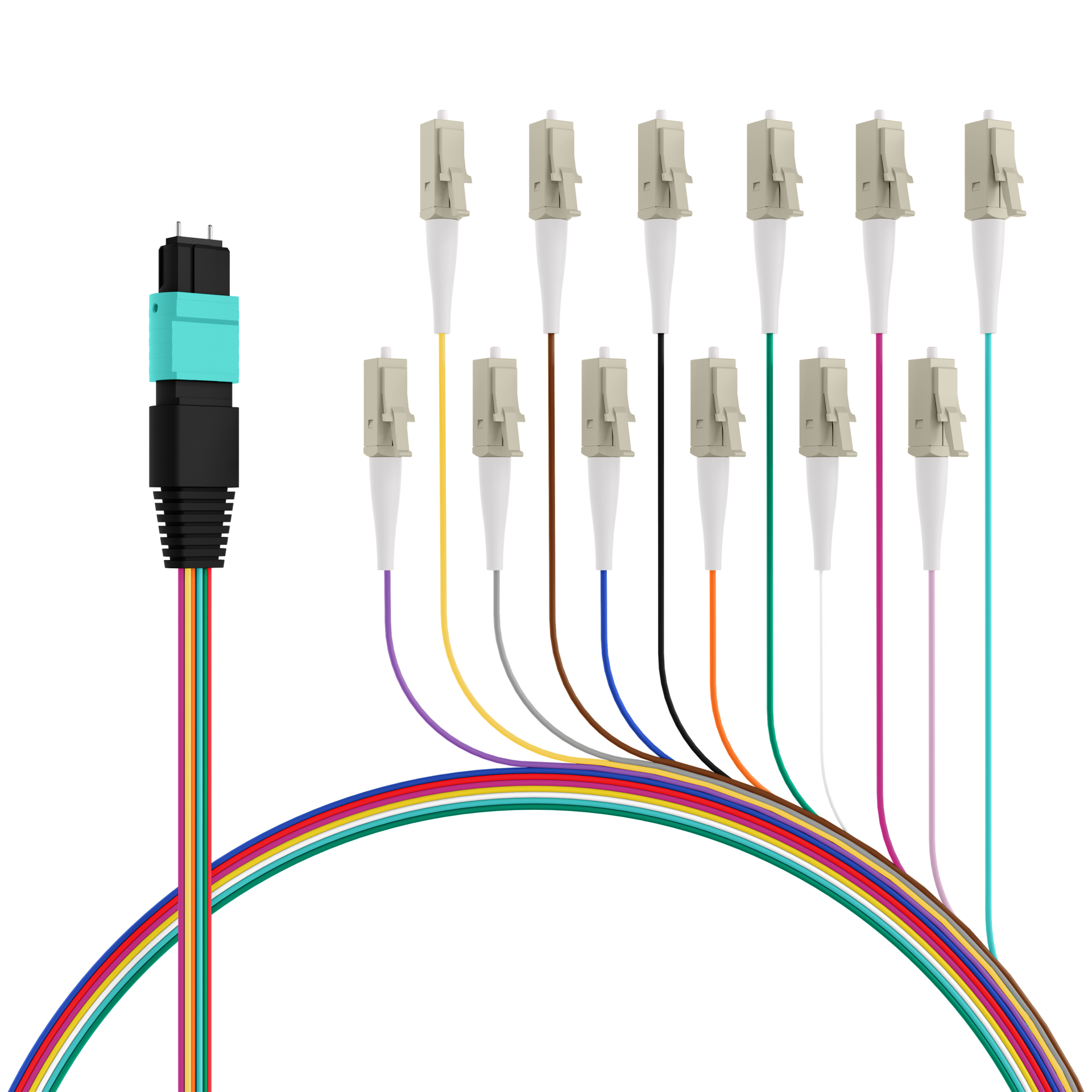 MTP®(M)-LC Fanout cable OM3 12 fibers Typ B LSZH aqua 0,4m