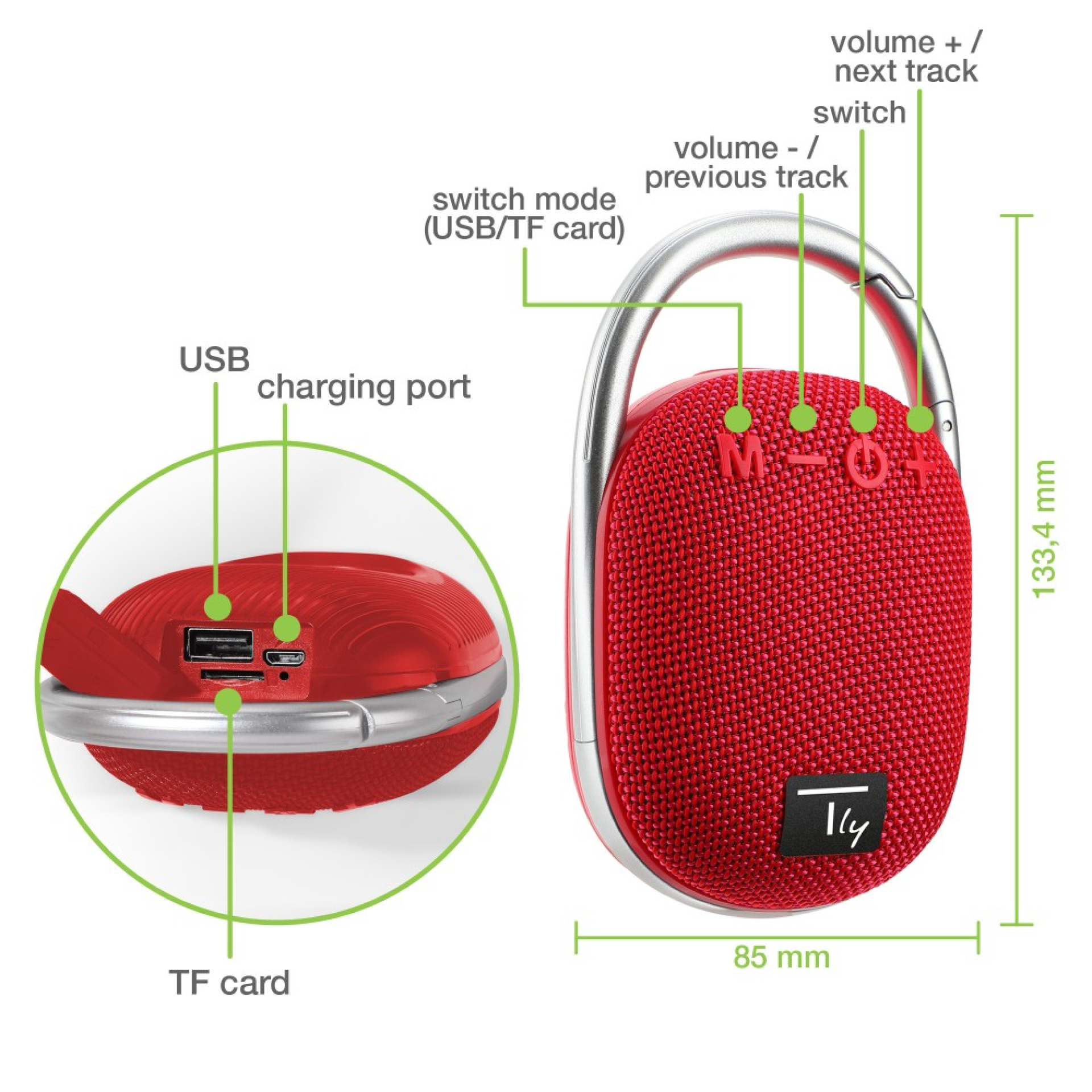 Techly mini wireless speaker BT V5.3 speaker LED light handsfree TF USB red