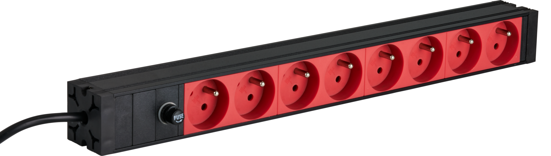 19“ 1U Socket Strip 8 x CEE 7/5 (UTE) red, cable C14, 10A fine fuse, black 