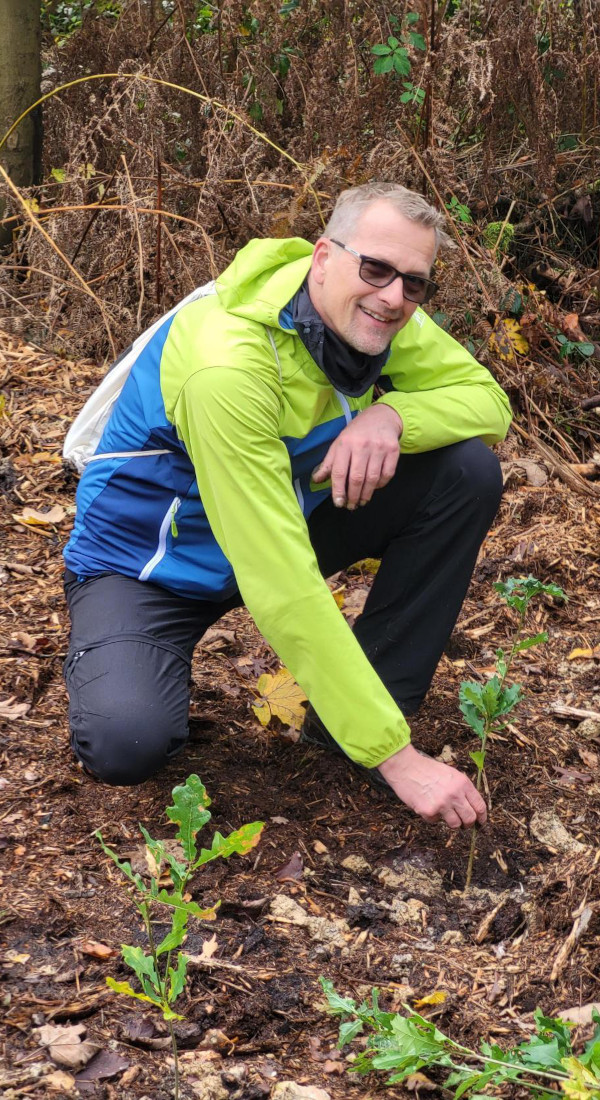 Mann pflanzt bei einer Baumpflanzaktion einen Baumsetzling in einem Wald