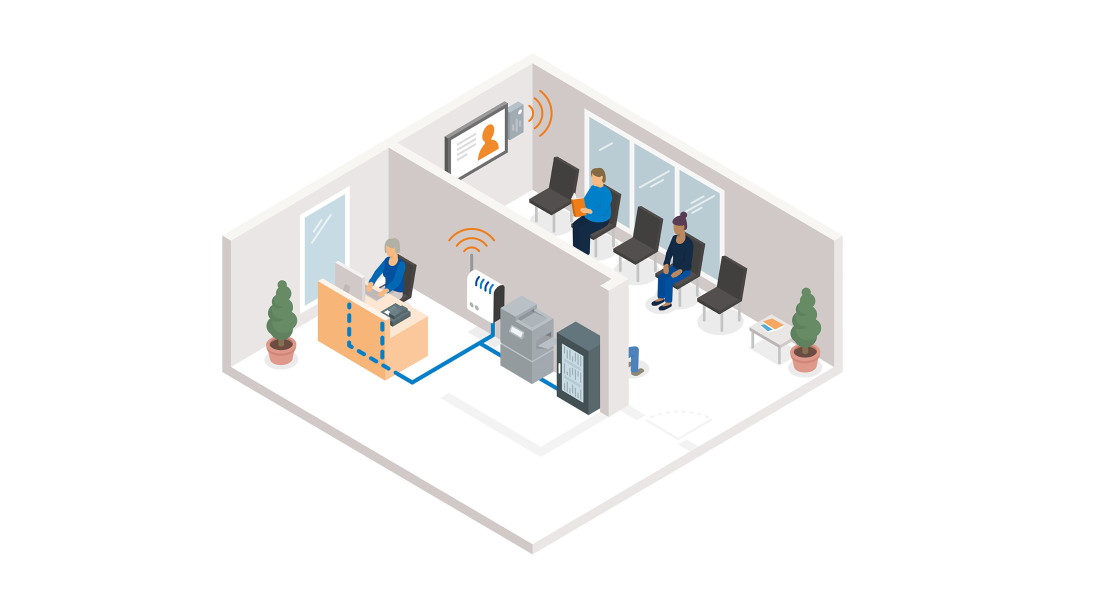Moderne Empfangsumgebung mit aktiven Netzwerkkomponenten. Links arbeitet eine Person am Computer, verbunden durch blaue Kabel. Im Hintergrund gibt es einen Wartebereich mit drei Personen und einem Informationsbildschirm.