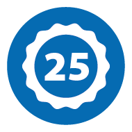 Icon: Zahl 25 in einem Siegel auf blauem Hintergrund