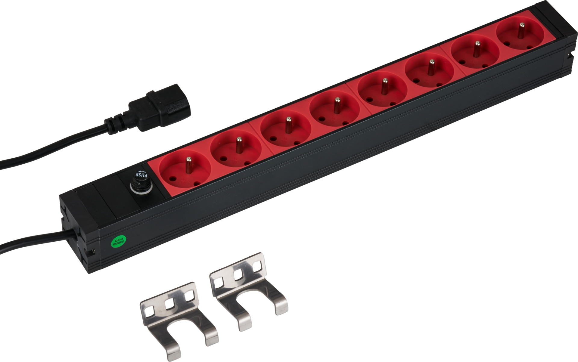 19“ 1U Socket Strip 8 x CEE 7/5 (UTE) red, cable C14, 10A fine fuse, black 