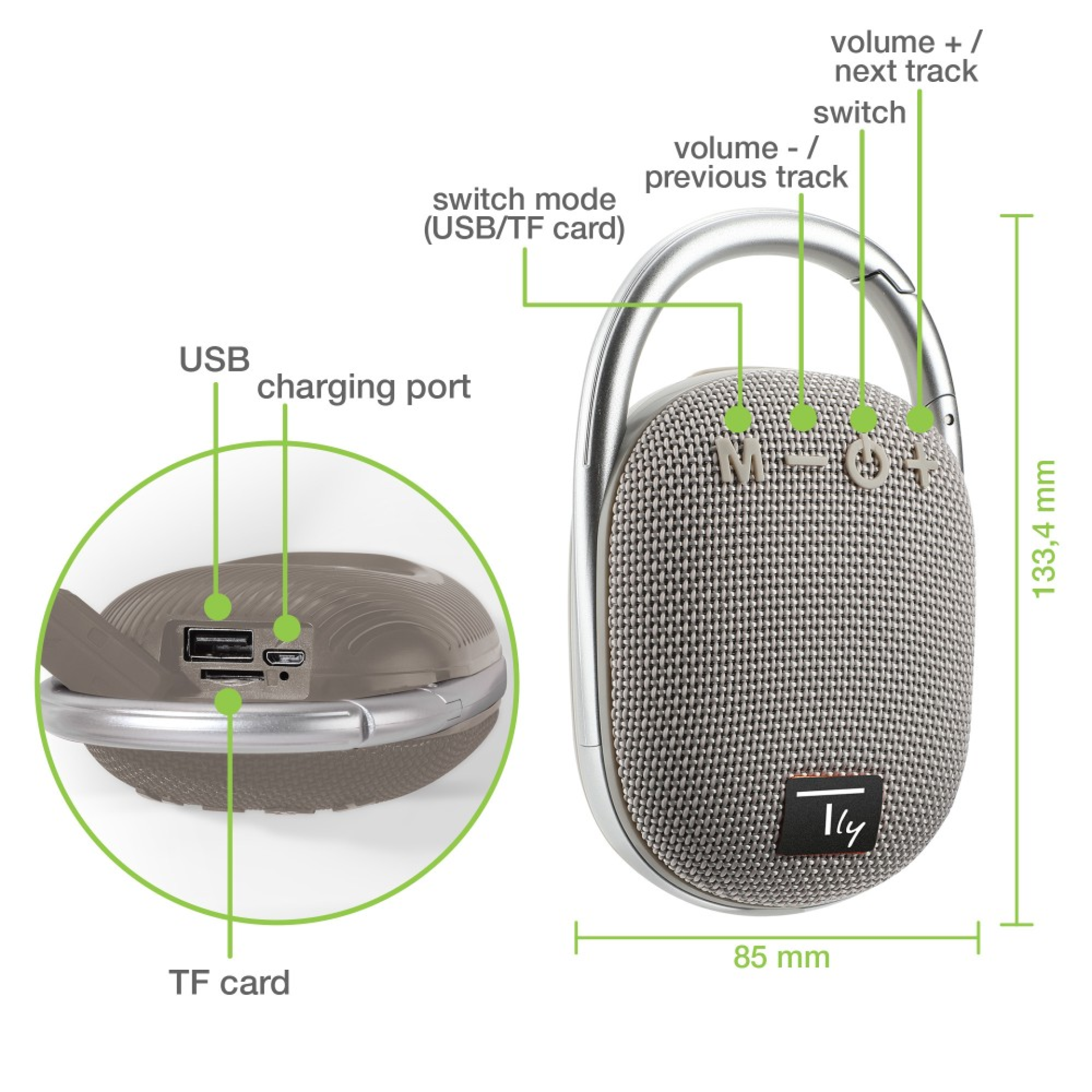 Techly mini wireless speaker BT V5.3 speaker LED light handsfree TF USB grey