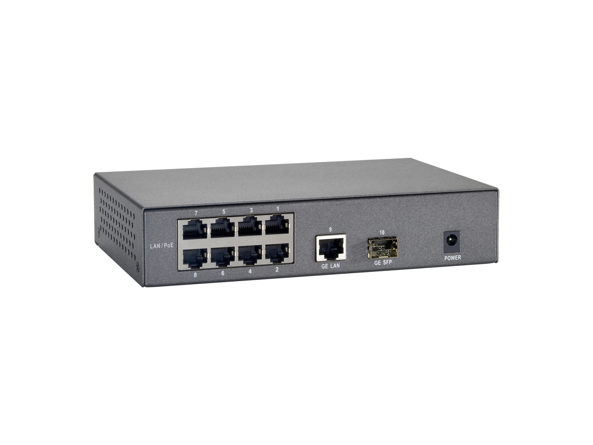 10-Port Fast Ethernet PoE+ Switch, 8x FE PoE+, + 1x GE RJ45, +1x GE SFP (120W)