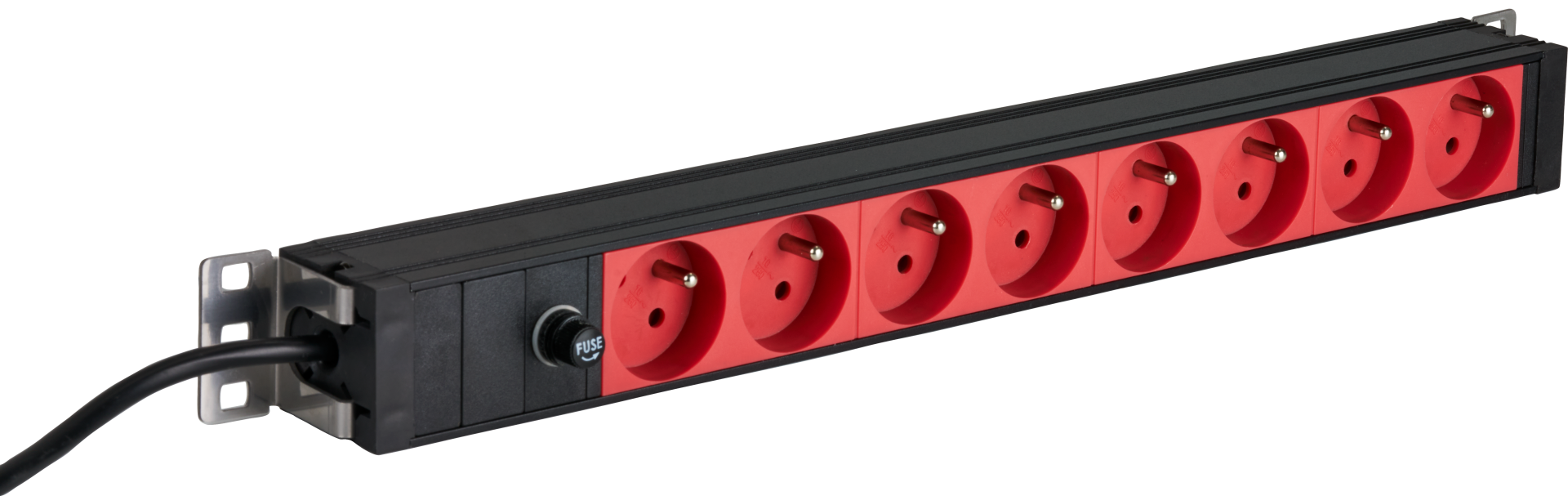 19“ 1U Socket Strip 8 x CEE 7/5 (UTE) red, cable C14, 10A fine fuse, black 