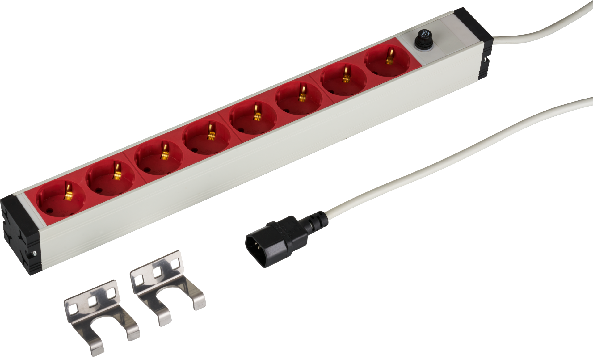 19“ 1U Socket Strip 8 x CEE 7/3 red, cable C14, 10A fine fuse, grey