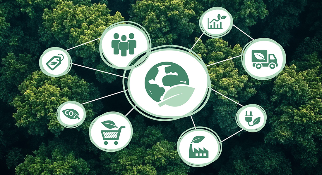 Nachhaltige Lieferketten Grafik: Symbole für CO₂-Reduktion, Recycling, soziale Verantwortung, umweltfreundliche Produktion und Transport auf Waldhintergrund.