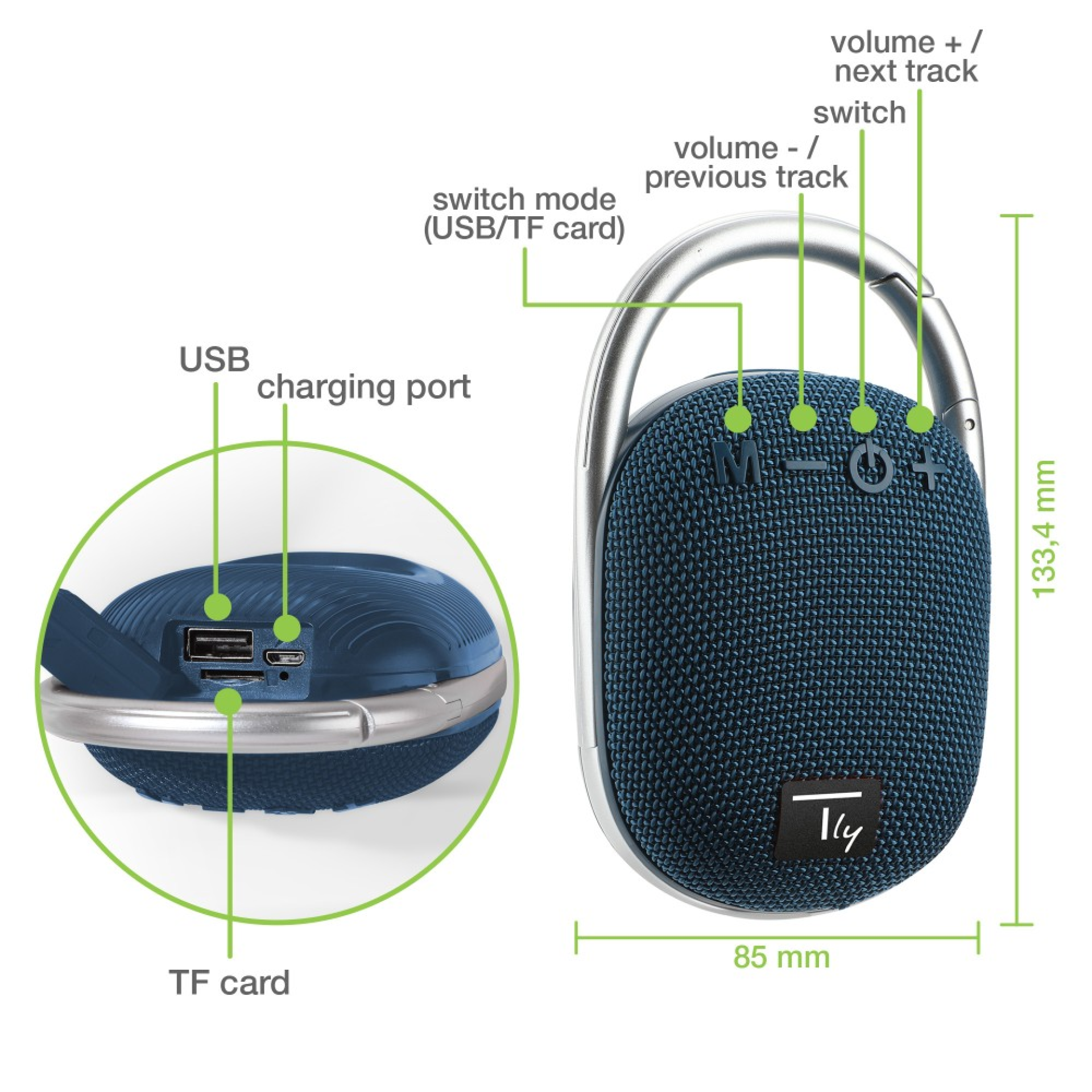 Techly mini wireless speaker BT V5.3 speaker LED light handsfree TF USB blue