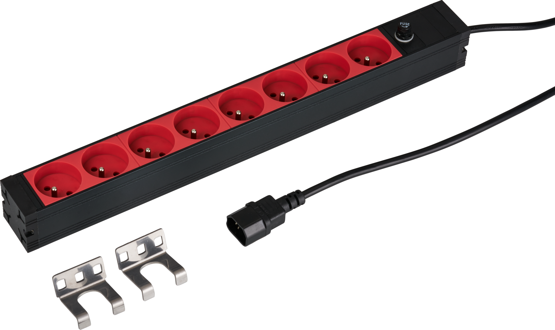 19“ 1U Socket Strip 8 x CEE 7/5 (UTE) red, cable C14, 10A fine fuse, black 