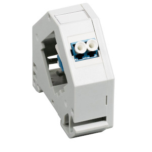 Adapter rail coupling for fiber optics in white housing with blue connection sockets.