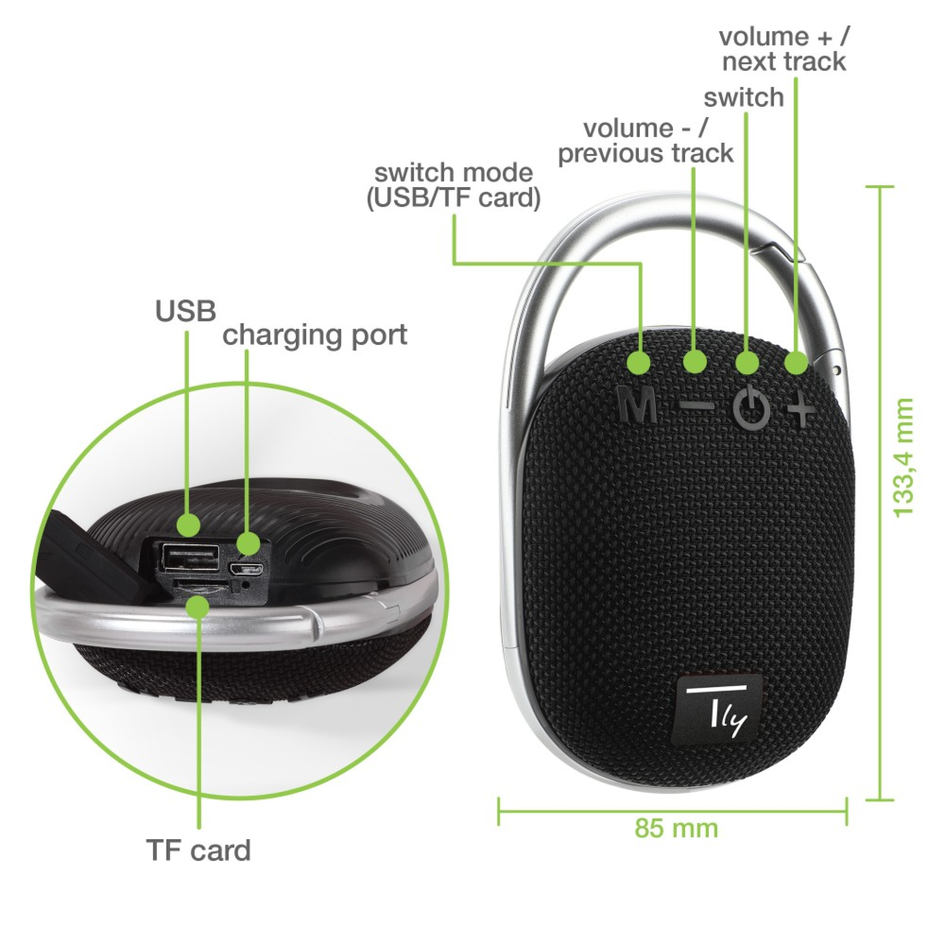 Techly mini wireless speaker BT V5.3 speaker LED light handsfree TF USB black